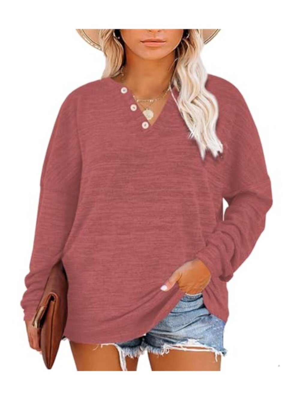 Womens Plus Size Long Sleeve Henley Tunic Sweater